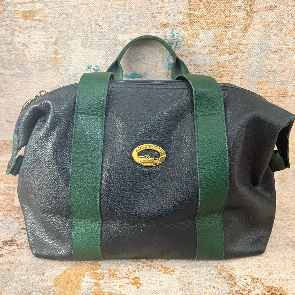 Vintage 1970’s Longchamp Navy and Green Leather Bowling Handbag
